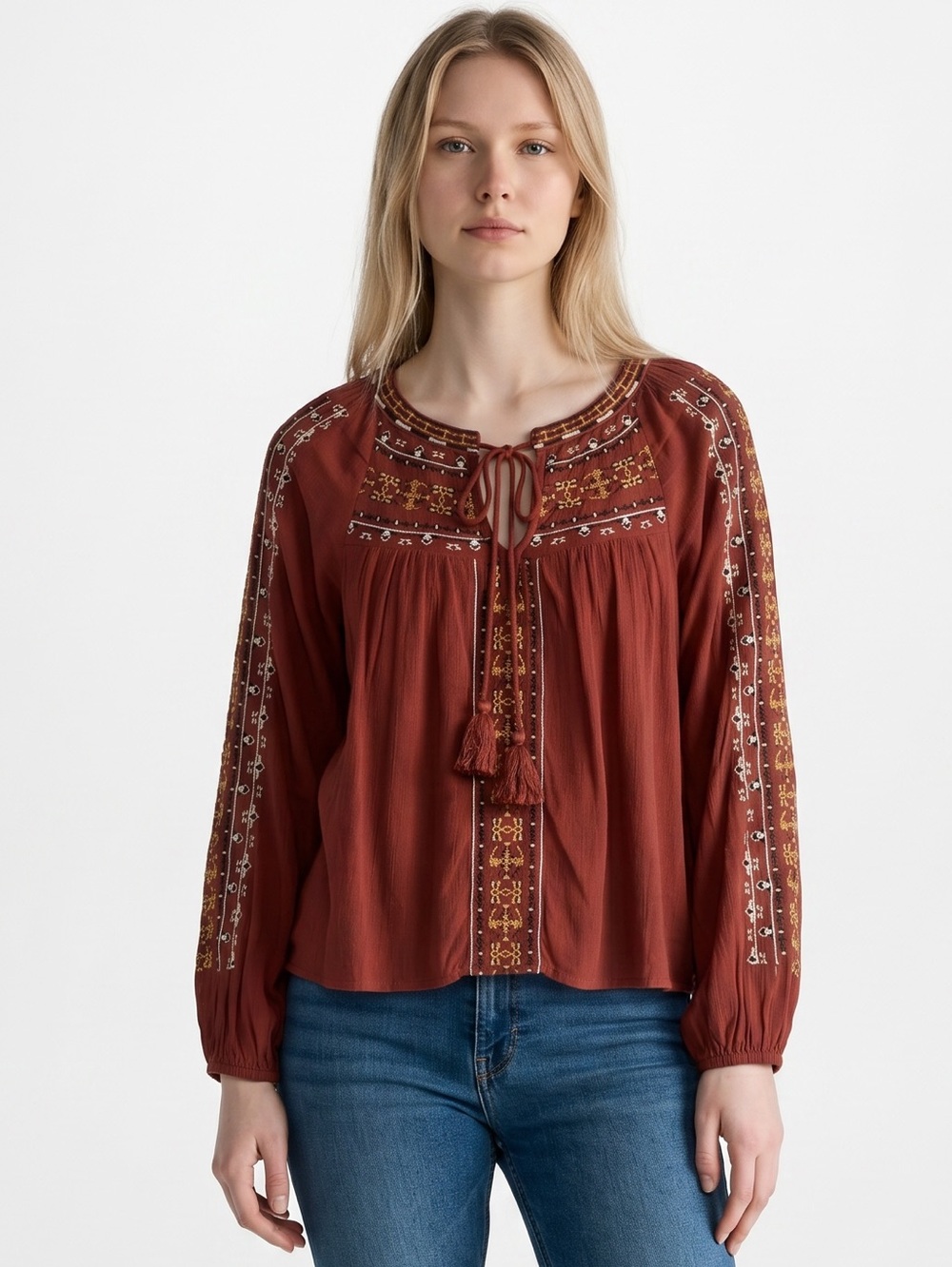 AMERICAN EAGLE Boho Embroidered Peasant Top Rust Red Tassel Tie Blouse Size M